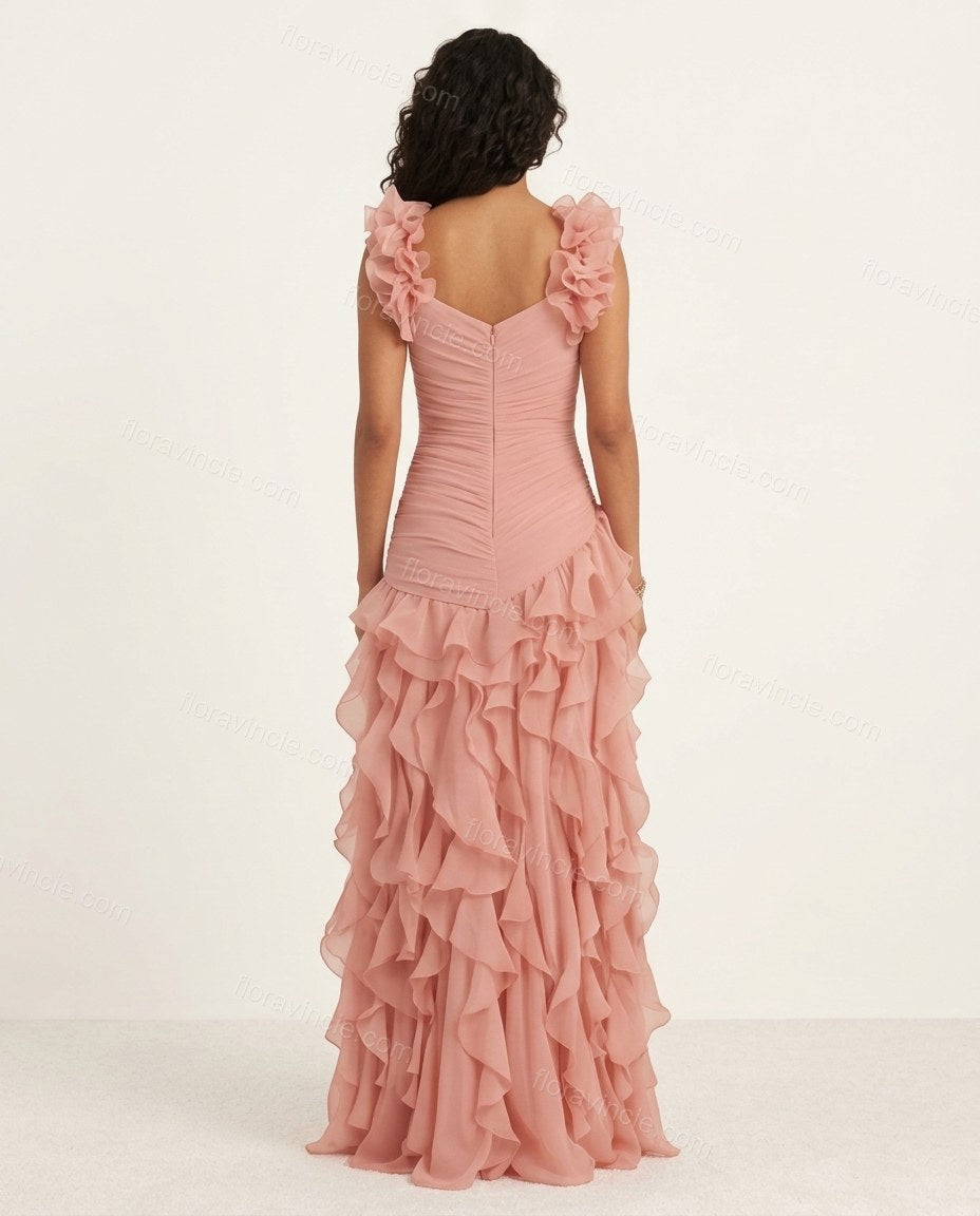 Blush Pink Maxi Ruffled Chiffon Dress, back studio view showing ruched back with ruffles cascading down, by Floravincie