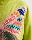 Lime Green Knit Ribbed Top, close-up of pink and orange accents, ribbed cuffs and ribbed hem, by Floravincie