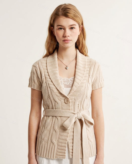 Beige Knit Ribbed Cardigan, front studio view, by Floravincie