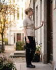 Beige Knit Ribbed Cardigan, three-quarter brand lifestyle view, by Floravincie