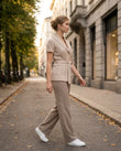 Beige Knit Ribbed Cardigan, movement and fit lifestyle view, by Floravincie