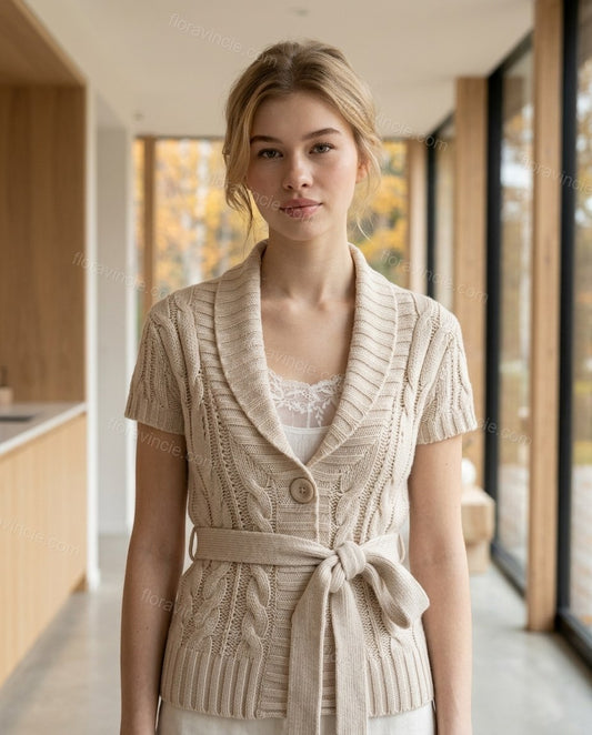 Beige Knit Ribbed Cardigan, full-length hero view, by Floravincie