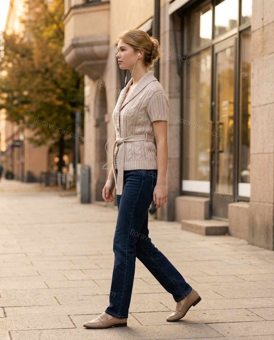 Beige Knit Ribbed Cardigan, walking lifestyle view, by Floravincie