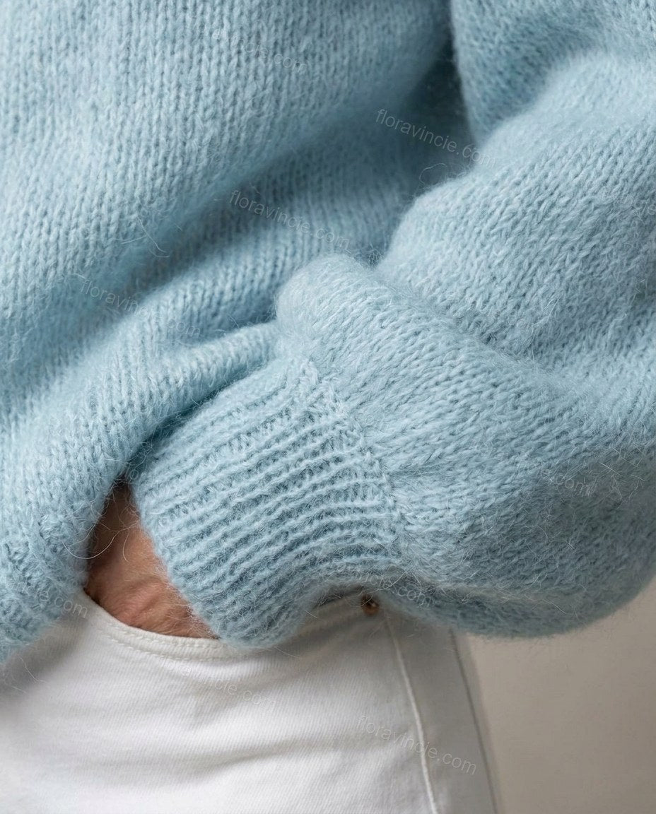 Light Blue Knit Cardigan, close-up of button closure, v-neck and drop shoulder, by Floravincie