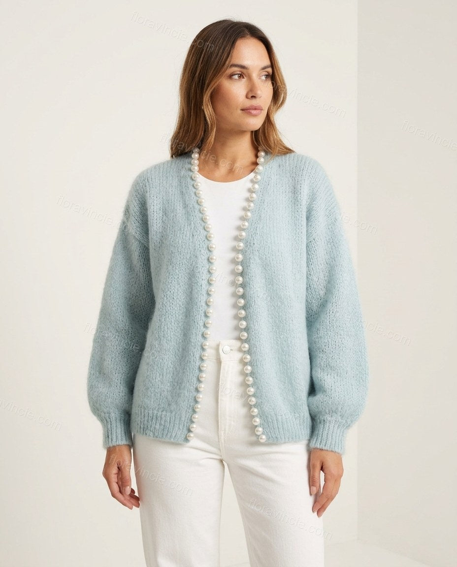 Light Blue Knit Cardigan, side and back studio view, by Floravincie