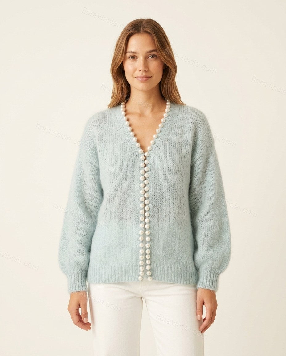 Light Blue Knit Cardigan, front studio view, by Floravincie