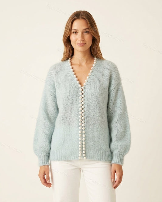 Light Blue Knit Cardigan, front studio view, by Floravincie