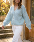 Light Blue Knit Cardigan, movement and fit lifestyle view, by Floravincie