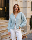 Light Blue Knit Cardigan, three-quarter brand lifestyle view, by Floravincie