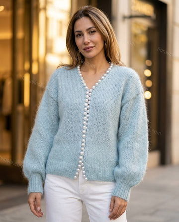 Light Blue Knit Cardigan, full-length hero view, by Floravincie