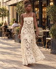 Ivory Floral Maxi Open-Back Dress, walking lifestyle view, by Floravincie