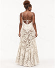 Ivory Floral Maxi Open-Back Dress, side and back studio view showing deep open back with a horizontal ivory tie bow, by Floravincie
