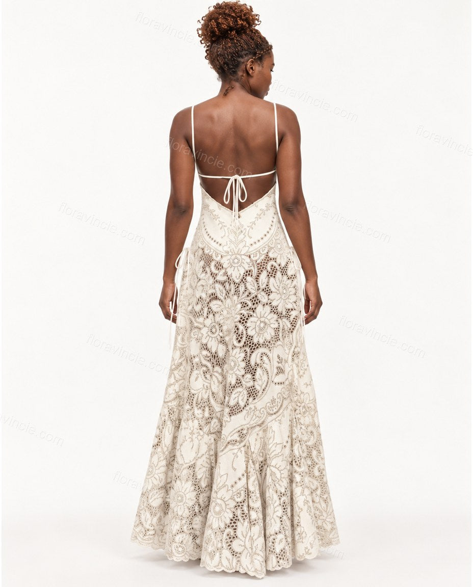 Ivory Floral Maxi Open-Back Dress, side and back studio view showing deep open back with a horizontal ivory tie bow, by Floravincie