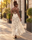 Ivory Floral Maxi Open-Back Dress, three-quarter brand lifestyle view, by Floravincie