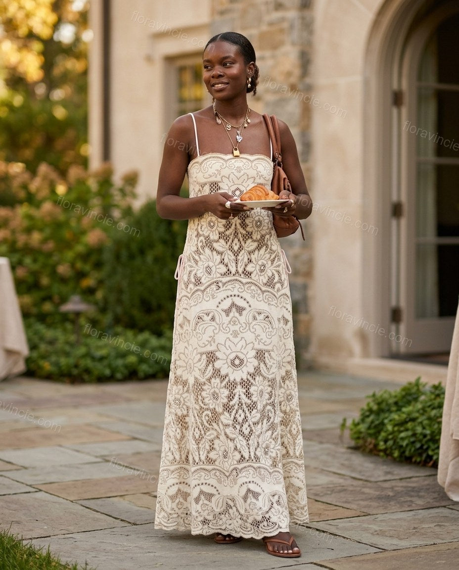 Ivory Floral Maxi Open-Back Dress, alternate use-case lifestyle view, by Floravincie