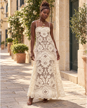 Ivory Floral Maxi Open-Back Dress, full-length hero view, by Floravincie