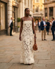 Ivory Floral Maxi Open-Back Dress, movement and fit lifestyle view, by Floravincie