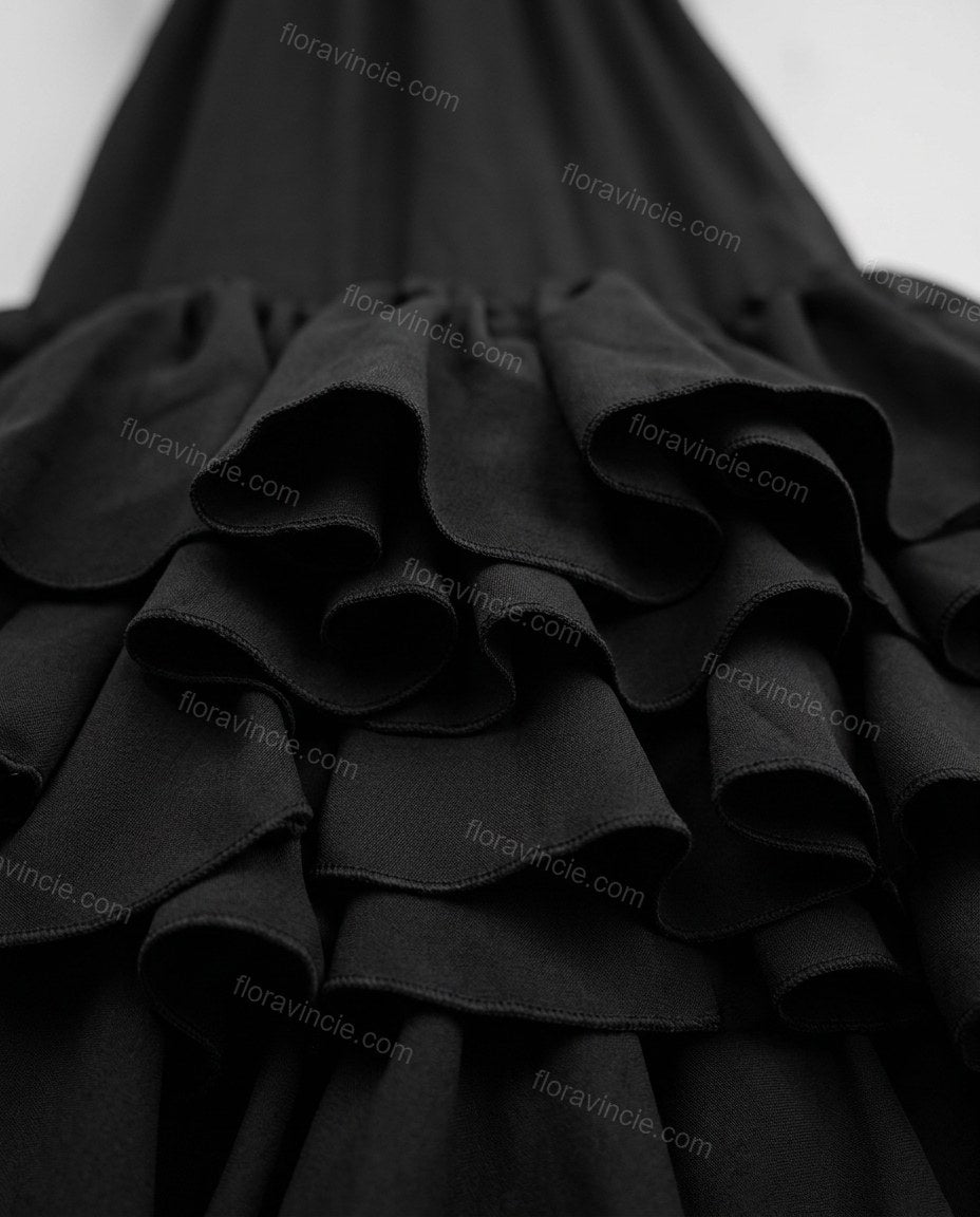 Black Maxi Ruffled Dress, close-up of spaghetti straps, ruffled hem and low back, by Floravincie
