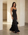 Black Maxi Ruffled Dress, full-length hero view, by Floravincie
