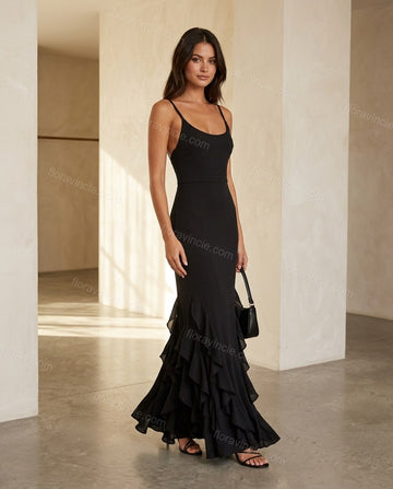 Black Maxi Ruffled Dress, full-length hero view, by Floravincie