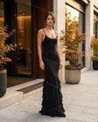 Black Maxi Ruffled Dress, three-quarter brand lifestyle view, by Floravincie