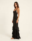 Black Maxi Ruffled Dress, side and back studio view, by Floravincie