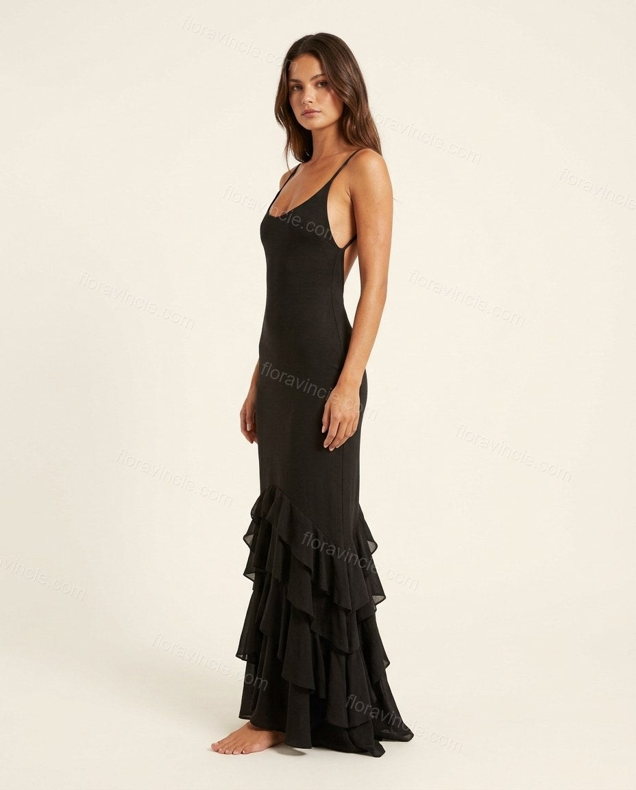 Black Maxi Ruffled Dress, side and back studio view, by Floravincie