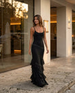Black Maxi Ruffled Dress, walking lifestyle view, by Floravincie