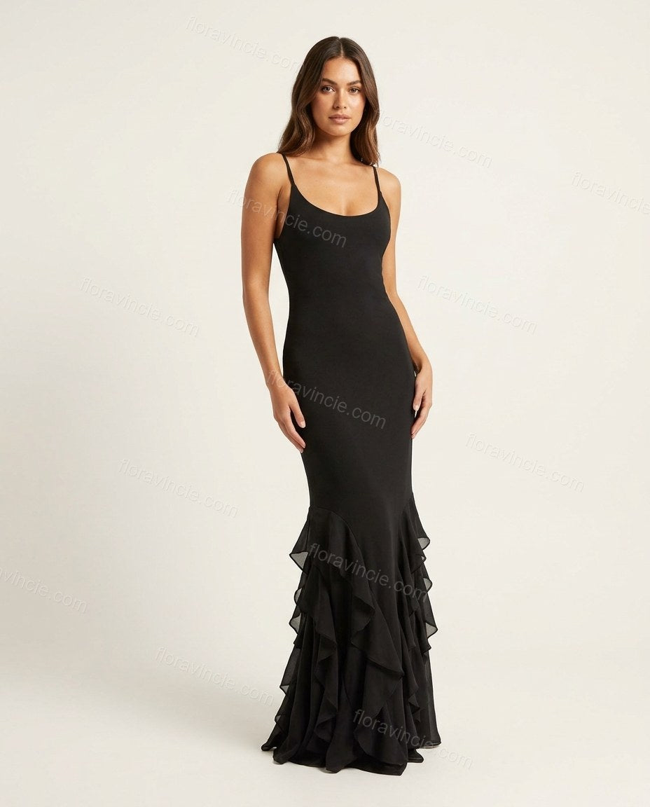 Black Maxi Ruffled Dress, front studio view, by Floravincie