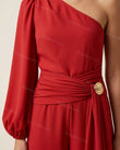 Red One-Shoulder Jumpsuit, close-up of ruching, draped detail and decorative button, by Floravincie