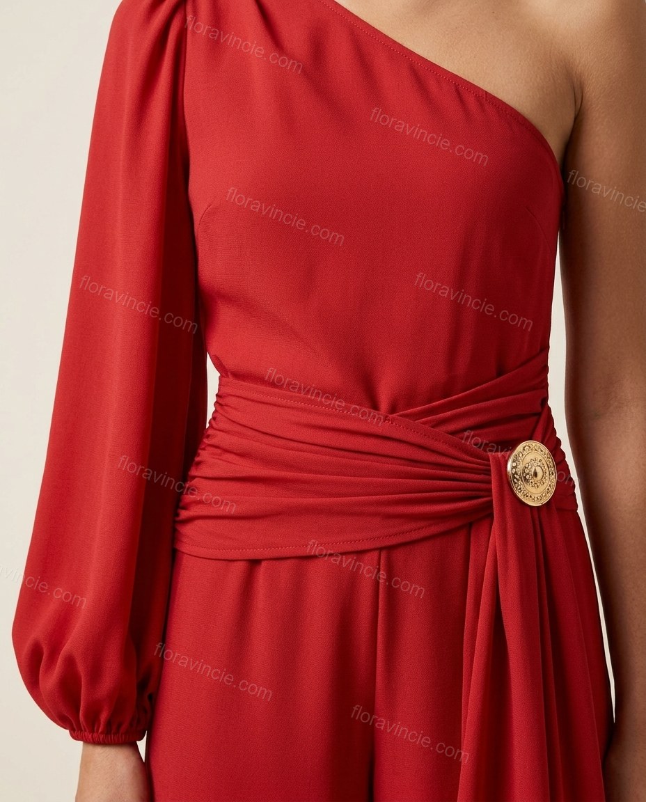 Red One-Shoulder Jumpsuit, close-up of ruching, draped detail and decorative button, by Floravincie