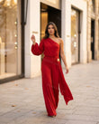Red One-Shoulder Jumpsuit, walking lifestyle view, by Floravincie