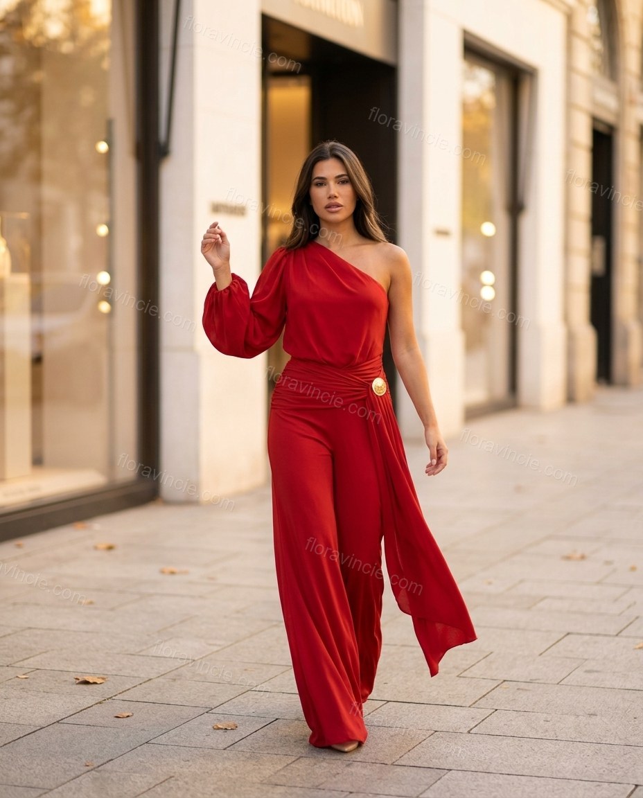 Red One-Shoulder Jumpsuit, walking lifestyle view, by Floravincie