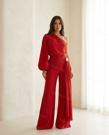 Red One-Shoulder Jumpsuit, full-length hero view, by Floravincie