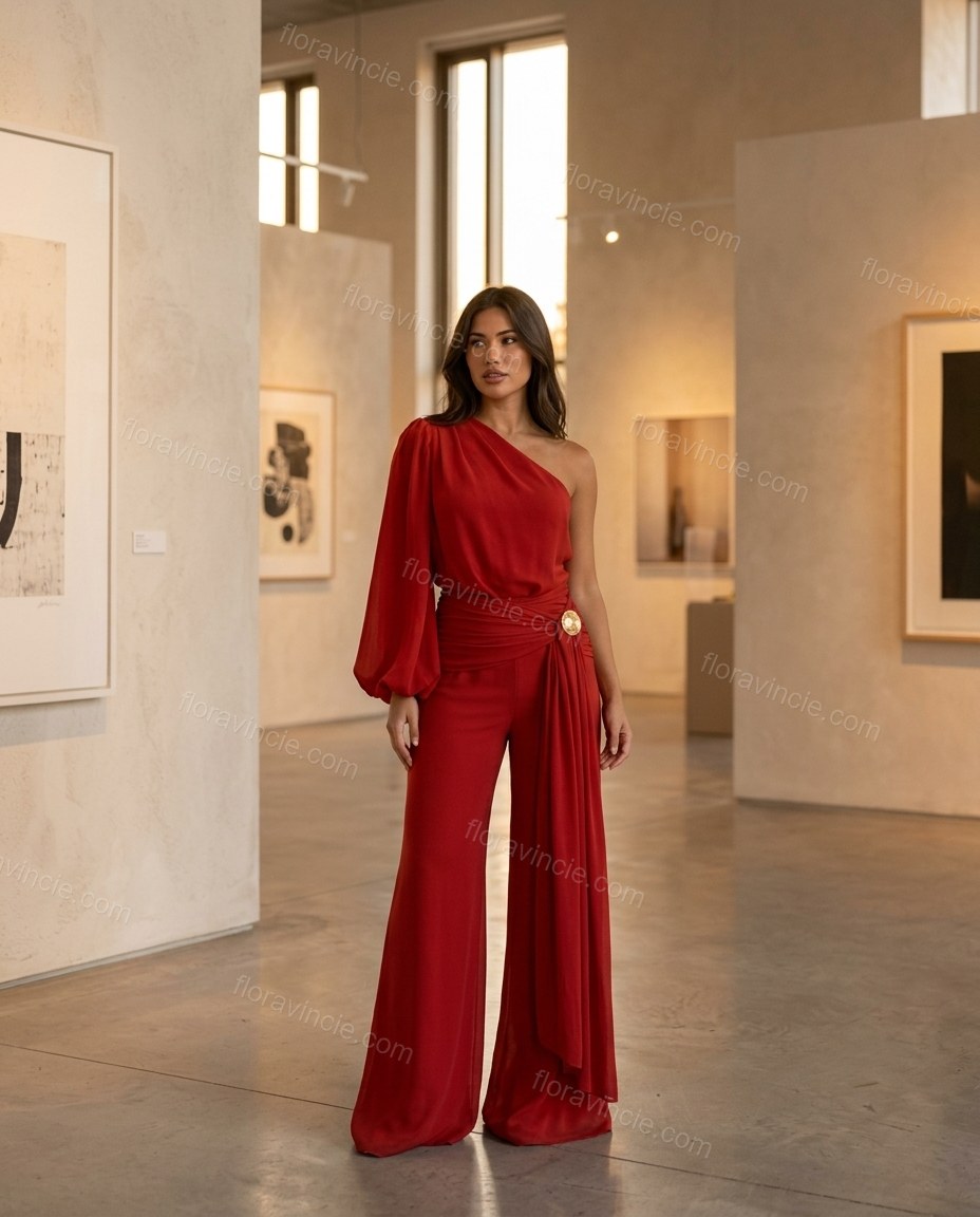 Red One-Shoulder Jumpsuit, alternate use-case lifestyle view, by Floravincie