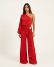 Red One-Shoulder Jumpsuit, side and back studio view, by Floravincie
