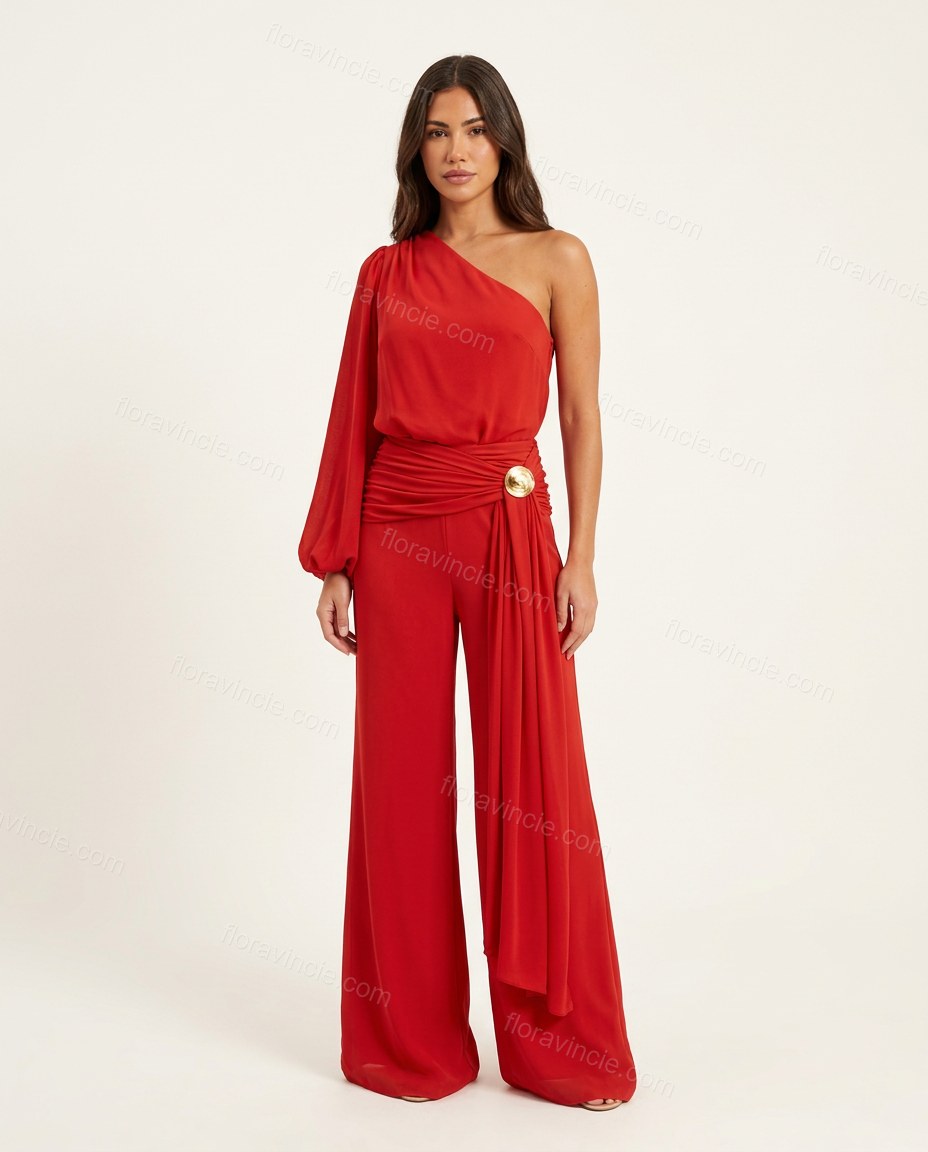 Red One-Shoulder Jumpsuit, side and back studio view, by Floravincie