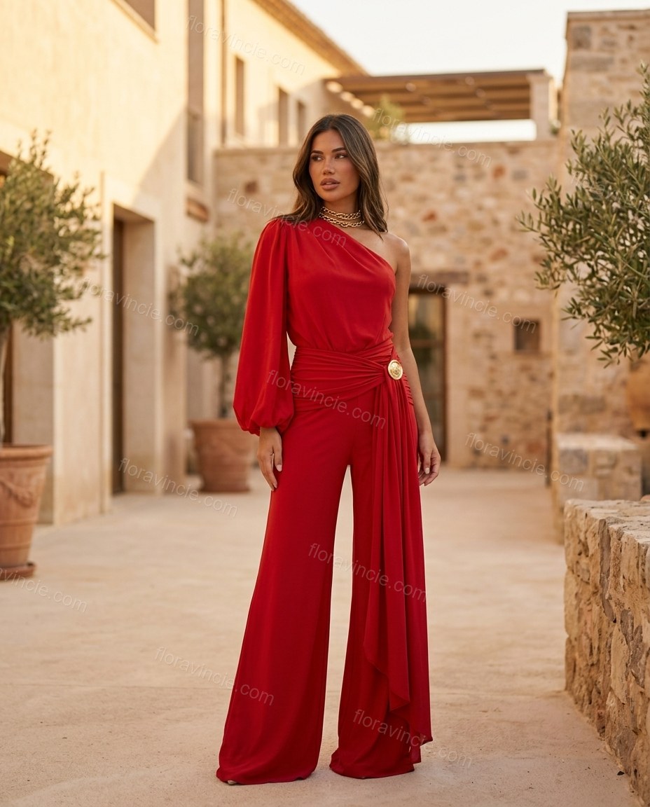 Red One-Shoulder Jumpsuit, three-quarter brand lifestyle view, by Floravincie