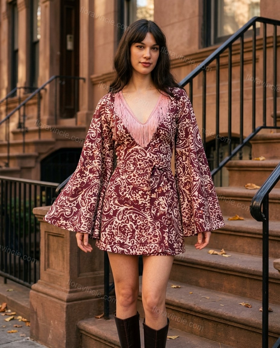 Maroon Paisley Mini Fringe Dress, alternate use-case lifestyle view, by Floravincie