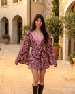 Maroon Paisley Mini Fringe Dress, three-quarter brand lifestyle view, by Floravincie
