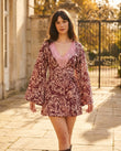 Maroon Paisley Mini Fringe Dress, walking lifestyle view, by Floravincie