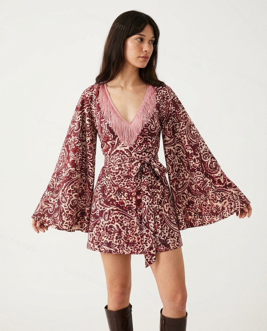 Maroon Paisley Mini Fringe Dress, front studio view, by Floravincie
