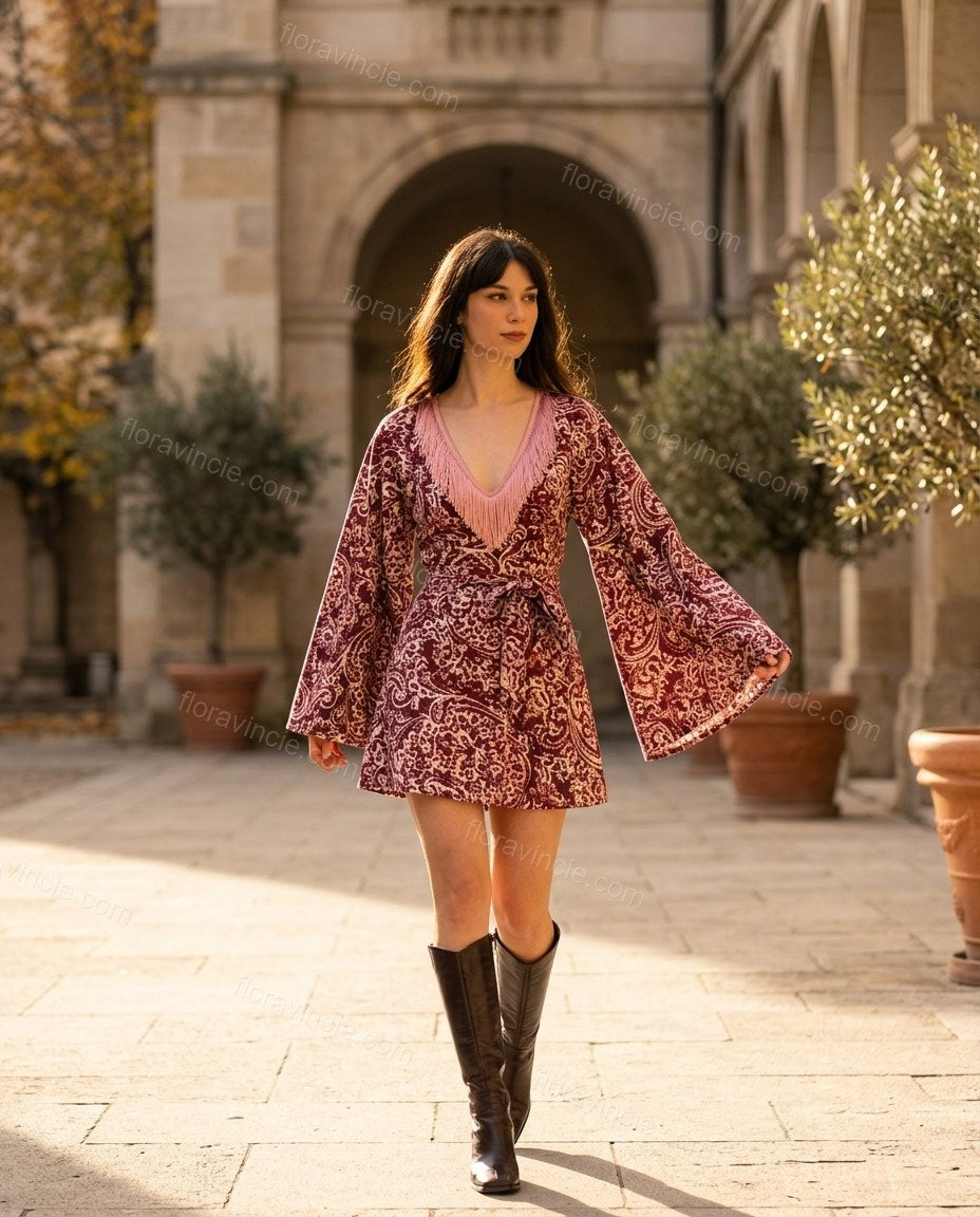 Maroon Paisley Mini Fringe Dress, movement and fit lifestyle view, by Floravincie