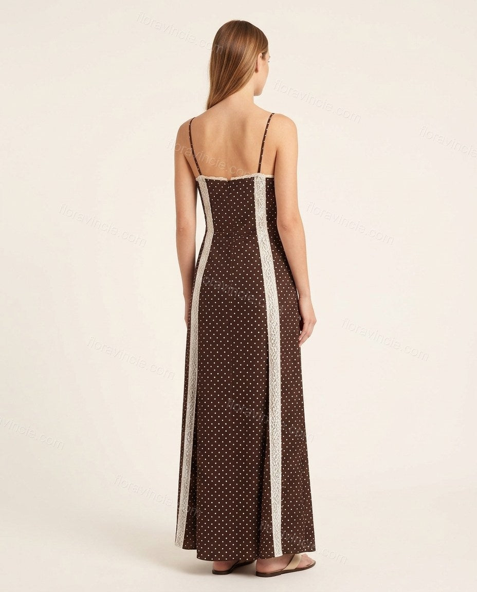 Brown Polka Dot Maxi Lace Dress, back studio view showing straight back with lace detailing, by Floravincie