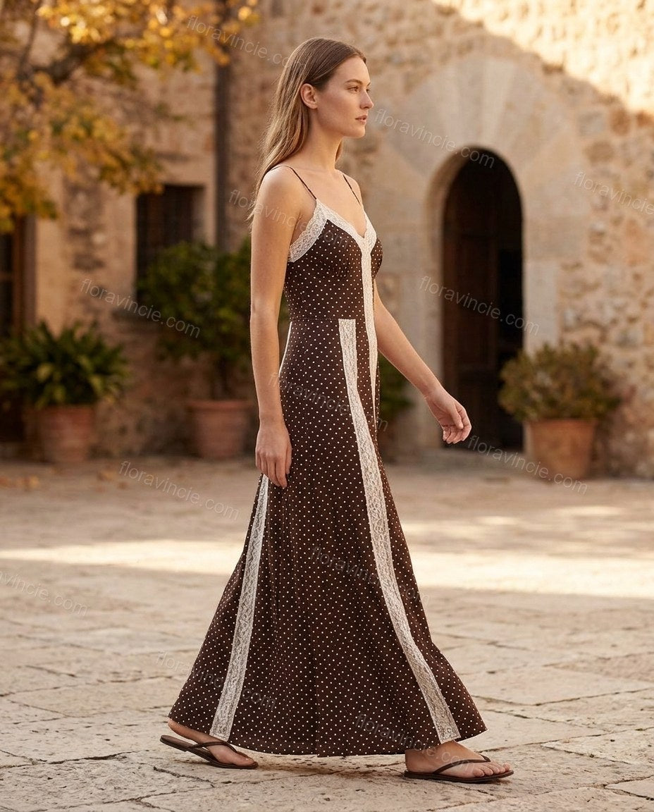 Brown Polka Dot Maxi Lace Dress, movement and fit lifestyle view, by Floravincie