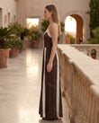 Brown Polka Dot Maxi Lace Dress, three-quarter brand lifestyle view, by Floravincie