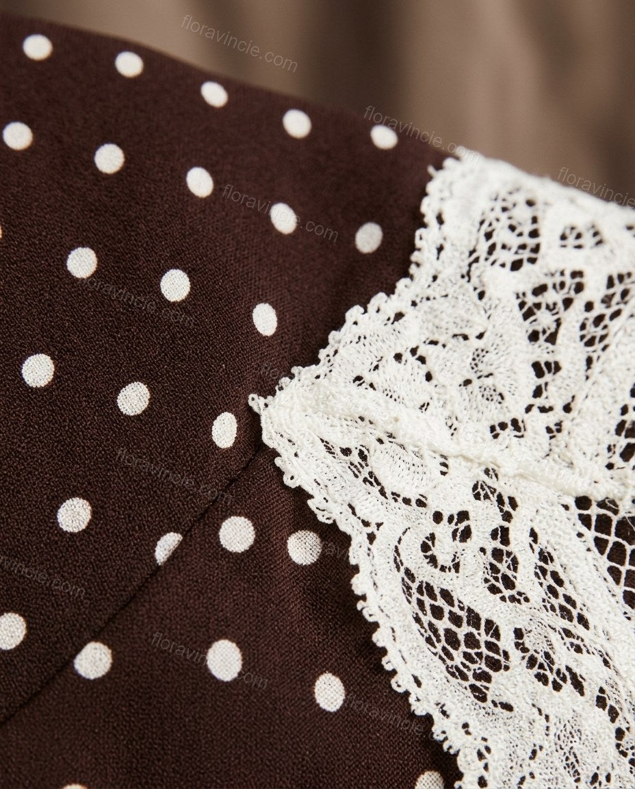 Brown Polka Dot Maxi Lace Dress, close-up of polka dot, by Floravincie