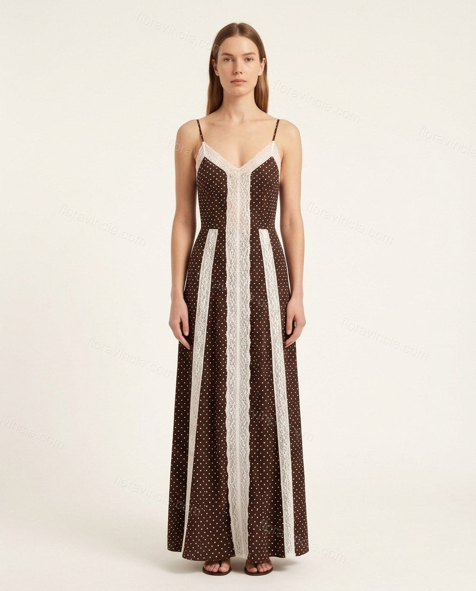 Brown Polka Dot Maxi Lace Dress, front studio view, by Floravincie