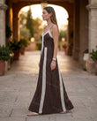 Brown Polka Dot Maxi Lace Dress, walking lifestyle view, by Floravincie