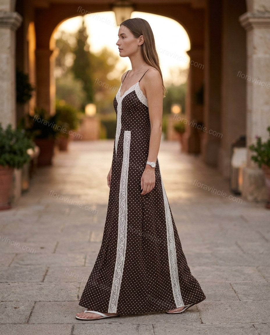 Brown Polka Dot Maxi Lace Dress, walking lifestyle view, by Floravincie